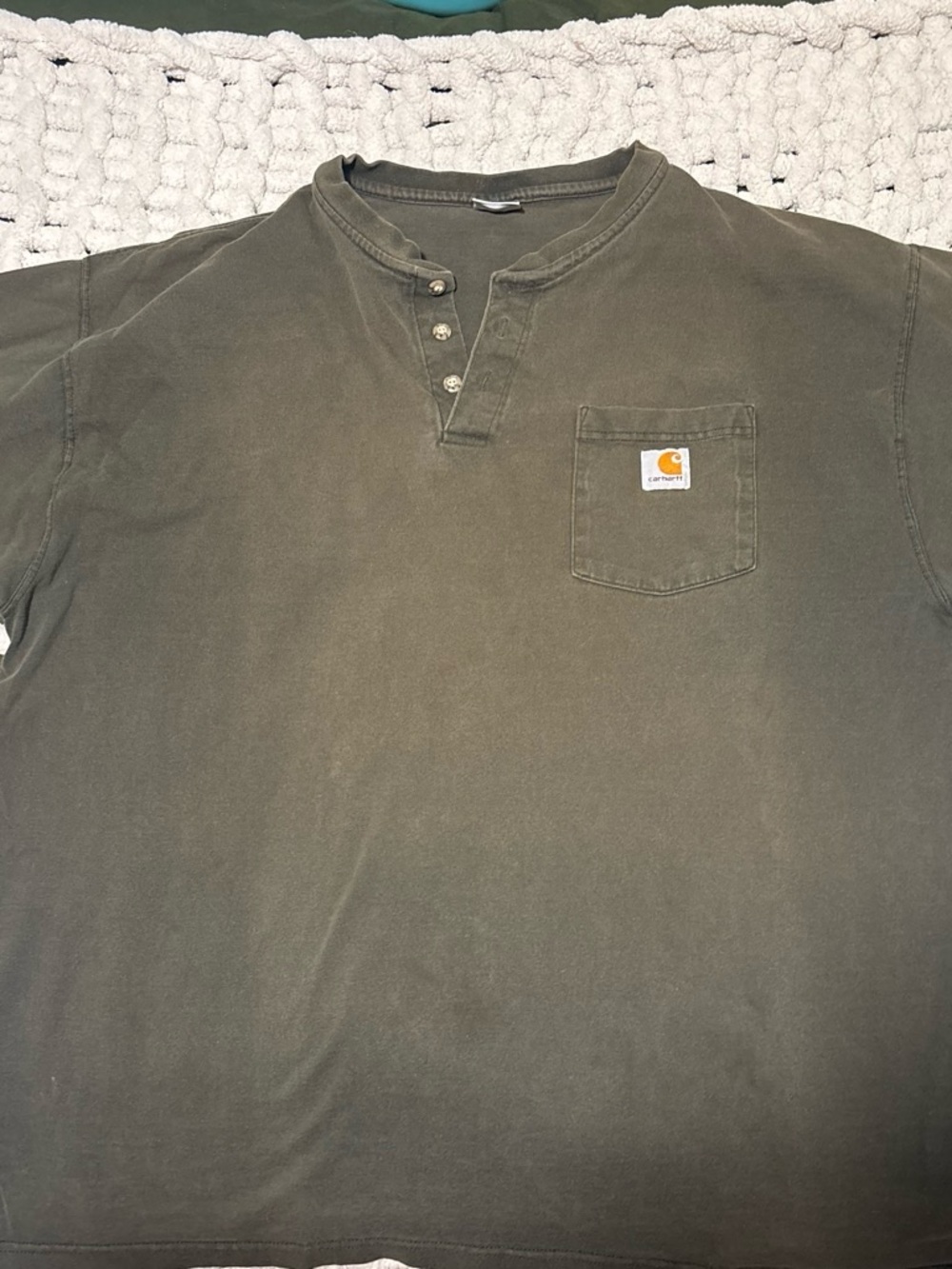 Carhartt Olive Green Short-Sleeve Button Henley with Chest Pocket